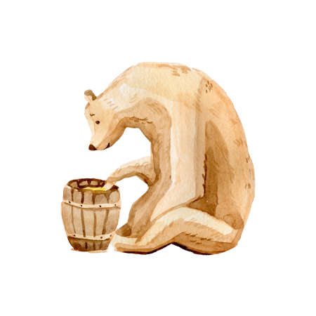Watercolor brown bear eats honey isolated on white backgroundの写真素材