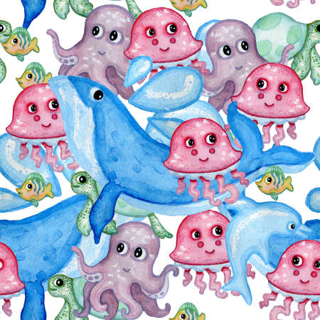 Whale, jellyfish, octopus, fish watercolor by hand seamless pattern underwater lifeの写真素材
