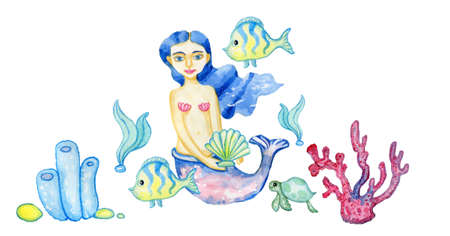 Sea and mermaid underwater life background for social networking watercolorの写真素材