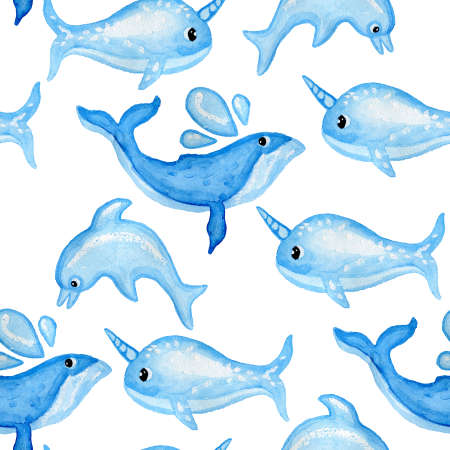 Marine mammals ocean watercolor seamless pattern wrapping paper wallpaper fabricの写真素材