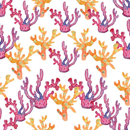 Corals pink and orange, hand watercolor, seamless pattern by the seaの写真素材