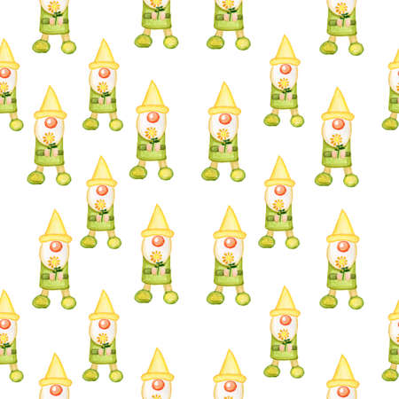 dwarfs in watercolor by hand minimalistic pattern on a white background summer, sunflowers, greenの写真素材
