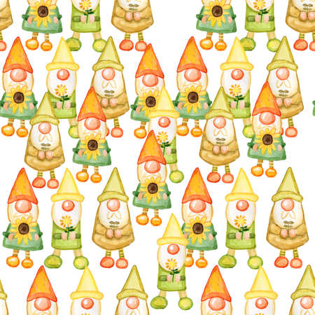 dwarfs in watercolor by hand minimalistic pattern on a white background summer, sunflowers, greenの写真素材