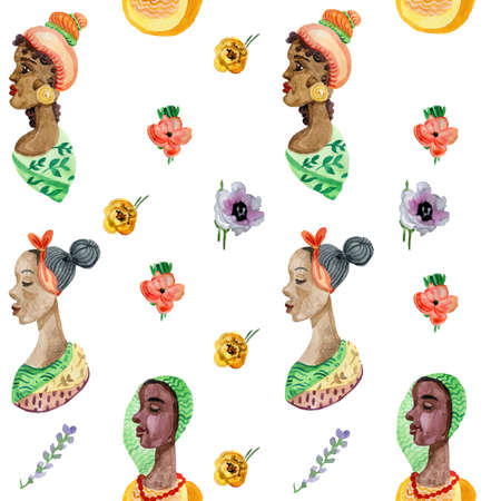 Boho Style Women Seamless Pattern Watercolor Freehand Digital Paper Home Textileの写真素材