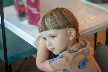 a thoughtful little boy of 3 years at the window looks into the distanceの写真素材