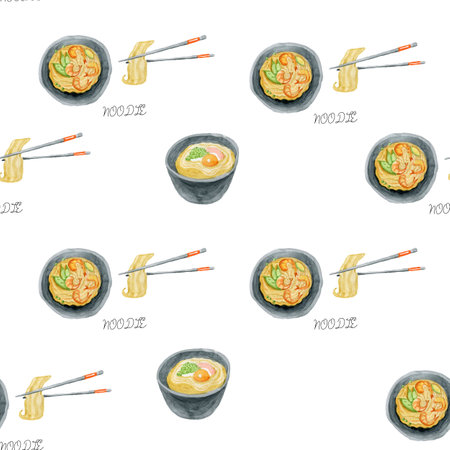 noodles asian cuisine watercolor freehand seamless patternの写真素材