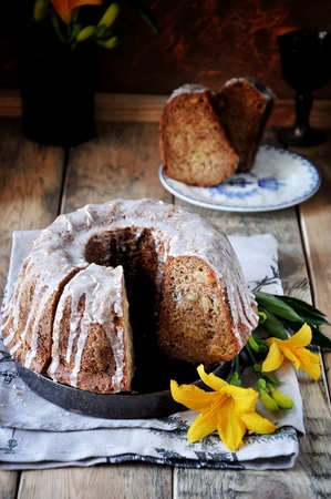 Apple cake with raisins in sugar glazeの写真素材