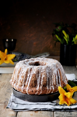 Apple cake with raisins in sugar glazeの写真素材