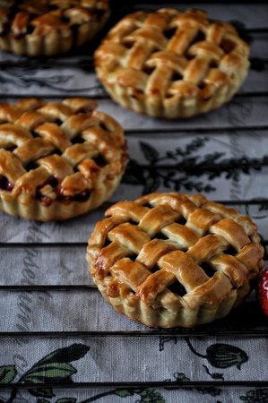 Patties with a lattice made of dough. Stuffing from strawberries, apricots, nectarines, peaches, cherries. On a grillの写真素材
