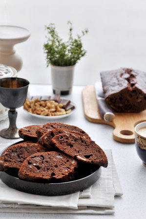 Chocolate cake with chunks of chocolate and nuts
