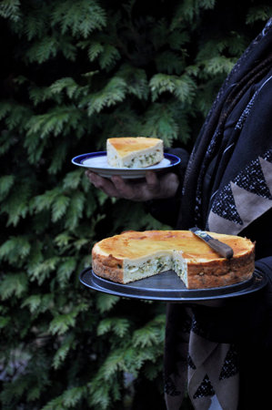 Homemade jelly pie with egg, onion and greens. Outdoors