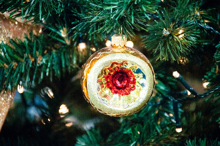 Christmas tree spruce branches  cones. Christmas toys  decorations  gifts. Closeupの写真素材