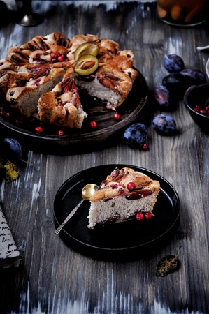 Plum pie, charlotte with plums in a cutの写真素材