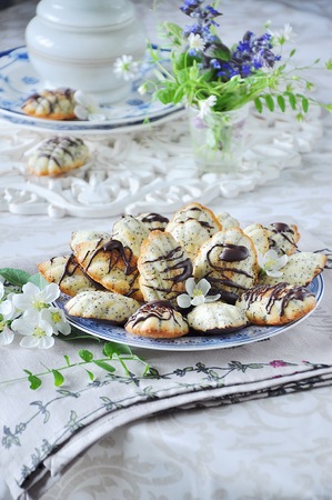 "Madeleine" biscuit cake with poppy seeds. Spring Still Lifeの写真素材