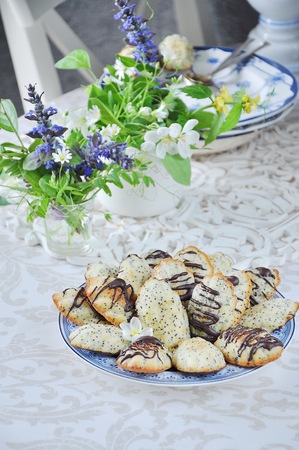 "Madeleine" biscuit cake with poppy seeds. Spring Still Lifeの写真素材