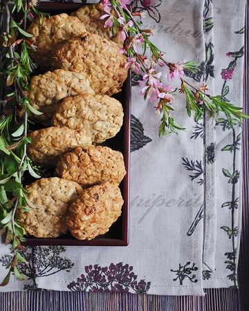 Homemade oatmeal cookies with raisins. View from aboveの写真素材