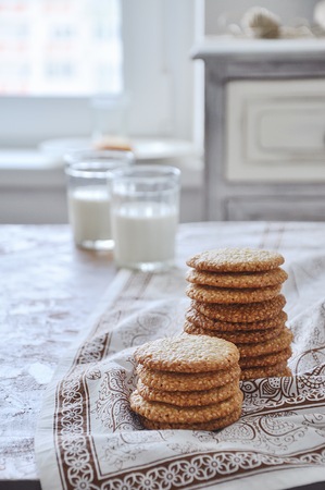 Homemade cookies of flat shape with sesameの写真素材
