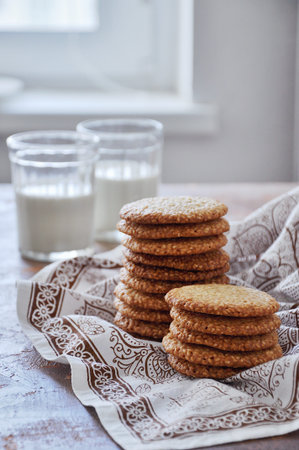 Homemade cookies of flat shape with sesame