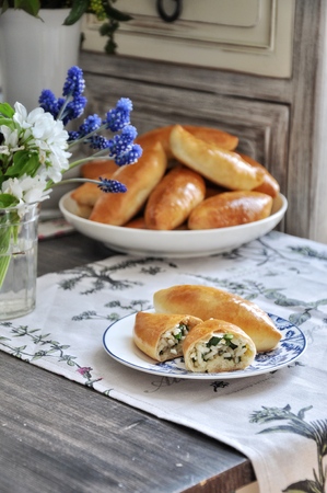 On a platter Russian traditional patties with rice and eggの写真素材