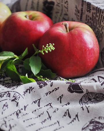Fresh red apples on cotton towelsの写真素材