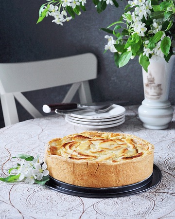 Tsvetaeva apple pie with curd cheese, Russian cheesecake with applesの写真素材