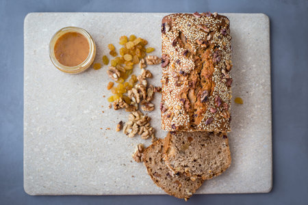 Vegetarian cake with raisins, walnuts and honey