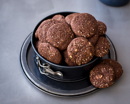 On the metal form, chocolate biscuits with sesameの写真素材