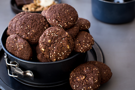 On the metal form, chocolate biscuits with sesameの写真素材