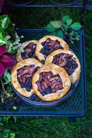 Homemade open shortcake tarts with plums and blackberries, galletsの写真素材