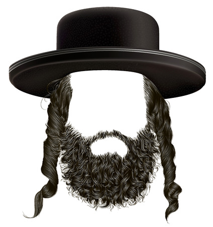 black hair sidelocks with beard. mask wig jew hassid in hat.のイラスト素材