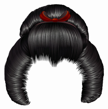 japanese hairstile with barrette. hairs black brunette colors. women fashion beauty style. realistic 3D.のイラスト素材