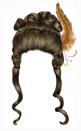 woman wig hairs curls. medieval style rococo, baroque.high hairdress with feather.のイラスト素材