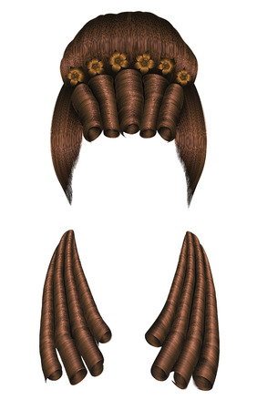 woman wig hairs curls. medieval style rococo, baroque. high hairdress bun with flowers.のイラスト素材