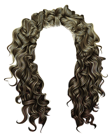 woman trendy long curly brunette hairs wig dark brown colors. coloring highlighting,. beauty fashion. realistic 3d.のイラスト素材