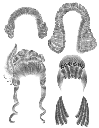 set woman and man hairs. black pencil drawing sketch. medieval style rococo baroque. wig curls hairstyleのイラスト素材