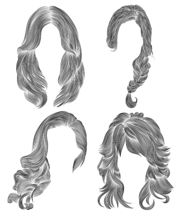 set long woman hairs. black pencil drawing sketch. women fashion beauty style. fringe curls cascade plait.のイラスト素材
