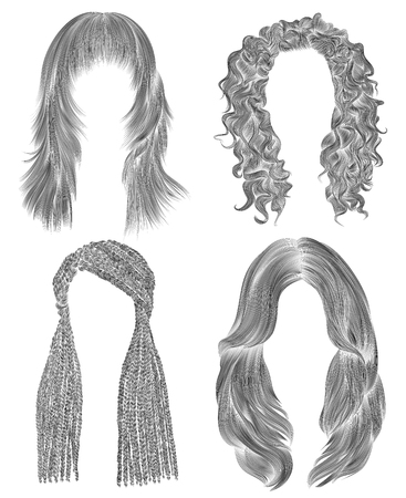 set long woman hairs. black pencil drawing sketch. women fashion beauty style. african cornrows. fringe curls cascade.のイラスト素材