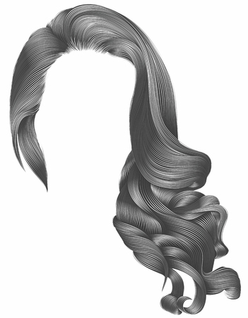 Woman trendy long curly hairs wig gray colors .
 retro style . beauty fashion . realistic 3d .のイラスト素材
