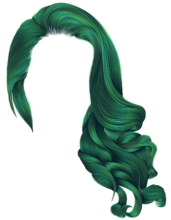 woman trendy long curly hairs wig green colors .retro style .beauty fashion . realistic 3d .のイラスト素材