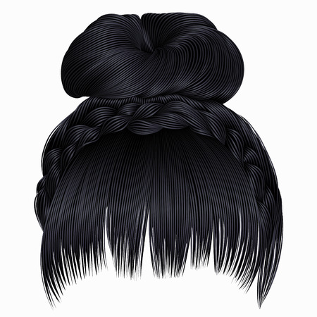 bun with plait and fringe. 
hairs brunette black colors .
 women fashion beauty style . のイラスト素材