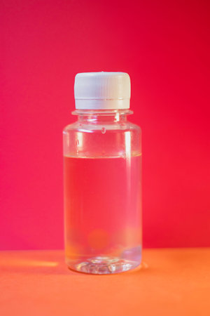 Clear plastic bottle with liquid on vibrant red and orange background