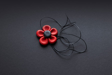Natural leather red flower with black cord on dark background