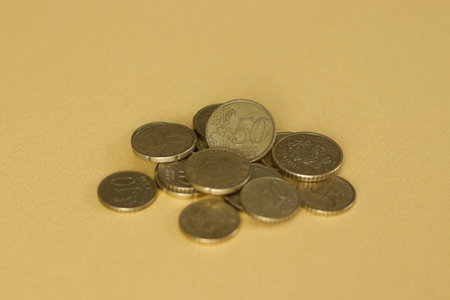 Close-up composition of small euro coinsの写真素材