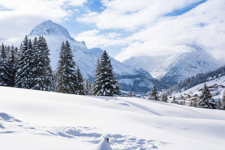 View of Lech am Vorarlberg in Austria in the alps during winter timeの写真素材