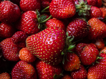 Macro shot of detailed, red, ripe strawberries with green leaves. Summer fruit and food background
