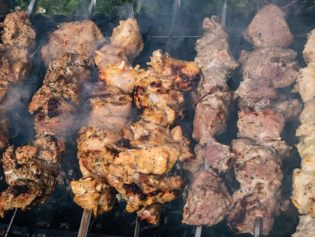 Close up of different kinds of meat on metal skewers - pork and chicken grilling on fire, coals and...