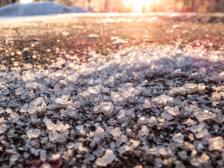 Salt grains on icy sidewalk surface in the winter. Applying salt to keep road clear and people safe in winter weather from ice or snow. Macro view of salt grains in sunlight in winterの写真素材