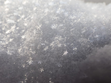 Textured white snow surface composed of beautiful geometrical snowflakes. Winter scenary in dark,...