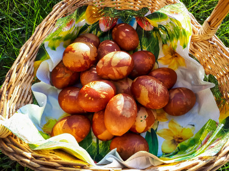Easter Eggs Decorated with Natural plants and Flower blossoms and Boiled in Onions Peels in woven...