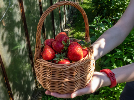 A child holding in hands small, wooden basket with big, red, ripe strawberries in sunlight in summerの写真素材
